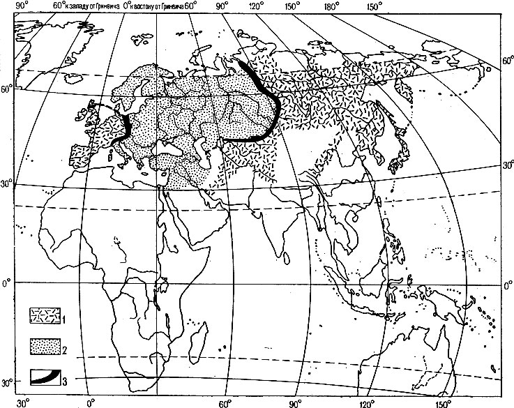 Рис. 3. Зоны гибридизации между серыми и черными воронами в Палеарктике (по Майзе, 1928; упрощено); 1 - ареал черных ворон группы corone, 2 - ареал серых ворон группы cornix, 3 - зона гибридизации