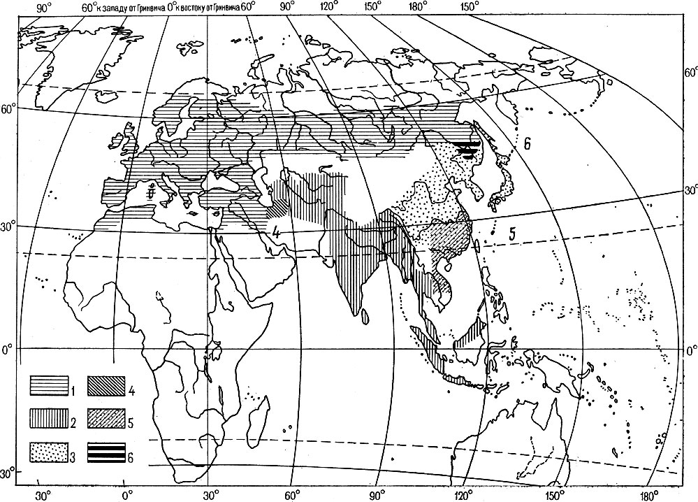 Рис. 4. Неполное видообразование у большой синицы Parus major (из Майр, 1968, по Делакуру и Вори, 1950; с изменениями): 1 - подвиды группы major (зеленая спина, желтое брюшко, из Западной и Северной Евразии), 2 - группы driereus (серая спина, белое брюшко, из Южной Азии), 3 - группы minor (зеленая спина, белое брюшко, из Восточной Азии); в зонах контактов образуются гибридные популяции: 4 - в Иране, 5 - в Южном Китае, 6 - в бассейне Амура. Есть предположение, что ареалы групп major и minor в бассейне Амура перекрываются без гибридизации